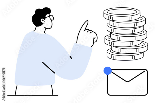 Person raising a finger alongside stacked coins and an envelope with a notification. Ideal for finance, communication, planning, email marketing, investments, savings, business operations. Clean