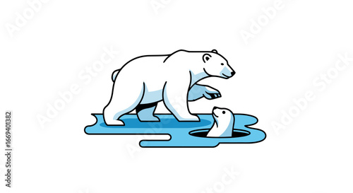 polar bear and seal on ice floe arctic wildlife, nature scene, climate change concept illustration