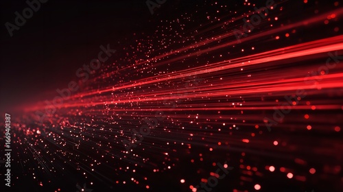 A radiant surge of glowing red light streaks across a darkened cosmos with shimmering particles and