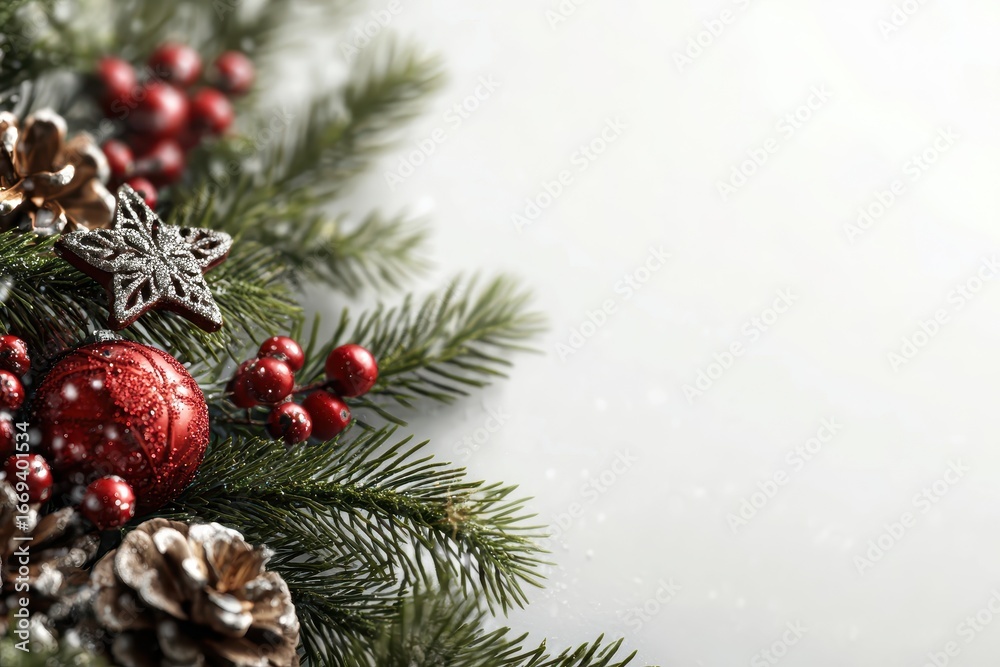 Obraz premium Festive holiday decorations with a charming fir tree, ornaments, and pinecones creating a warm Christmas atmosphere