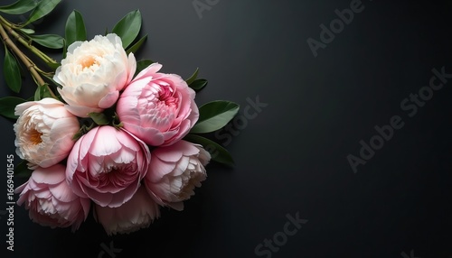 Fototapeta Naklejka Na Ścianę i Meble -  Bouquet of pink and white peonies on dark background, perfect for anniversary or celebration cards. Flat lay, moody floral composition with ample copy space for text, invites elegant design.