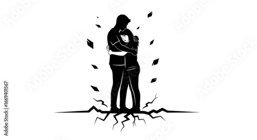 silhouette couple embracing on crack, despair, broken relationship, end, loss, sadness, pain, heartbreak