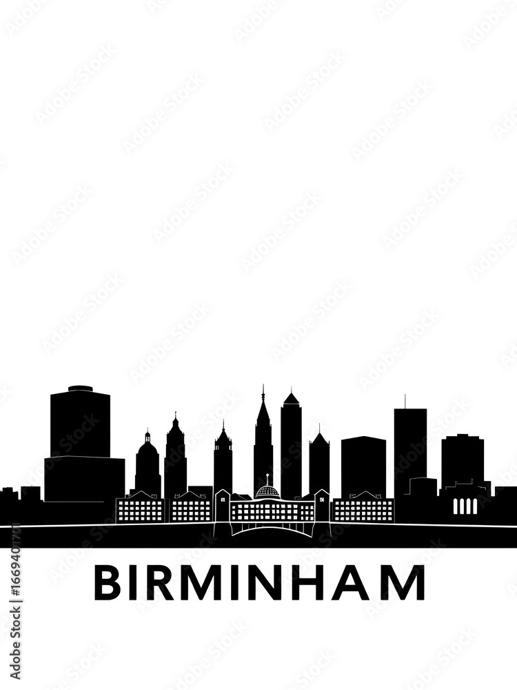 Obraz premium Birmingham skyline horizontal banner. Black and white silhouette of Birmingham, United Kingdom. Vector template for your design.