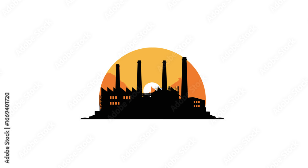 Obraz premium silhouette of industrial factory at sunset, power plant, manufacturing, industry, production