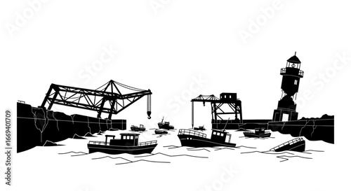 silhouette of harbor cranes, lighthouse, and boats at sea