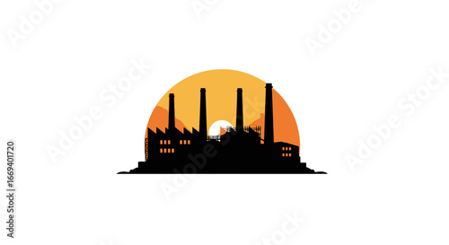 silhouette of industrial factory at sunset, power plant, manufacturing, industry, production