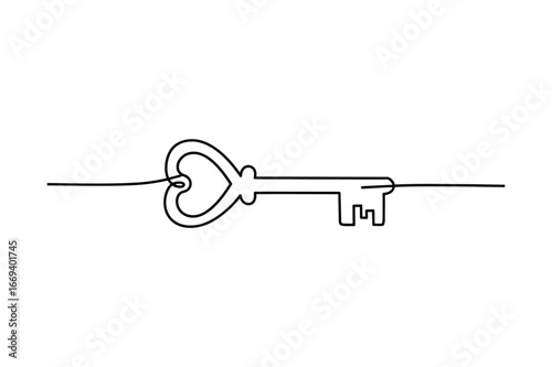 Elegant single line drawing of a vintage heart shaped key symbolizing love opportunity and access on a white background
