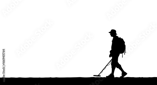 silhouette of person with backpack using metal detector, searching, exploration