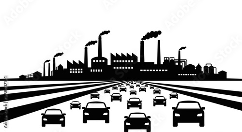 traffic jam, industrial pollution, cars, factory, smokestacks, air pollution, cityscape, highway, transportation