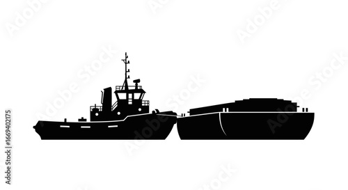 tugboat towing barge silhouette, nautical vessel, maritime transport, black and white, graphic design element