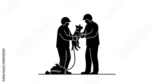 two rescuers saving a small dog from disaster, black silhouette illustration