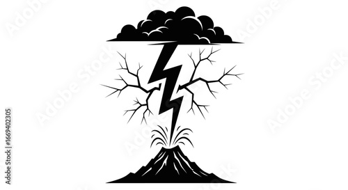 volcano eruption, lightning strike, dark clouds, dead tree, disaster