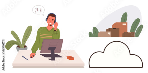 Individual with headset at computer, packaging boxes, and cloud graphics. Ideal for e-commerce, logistics, customer service, cloud computing, delivery tech support remote work. Simple flat metaphor