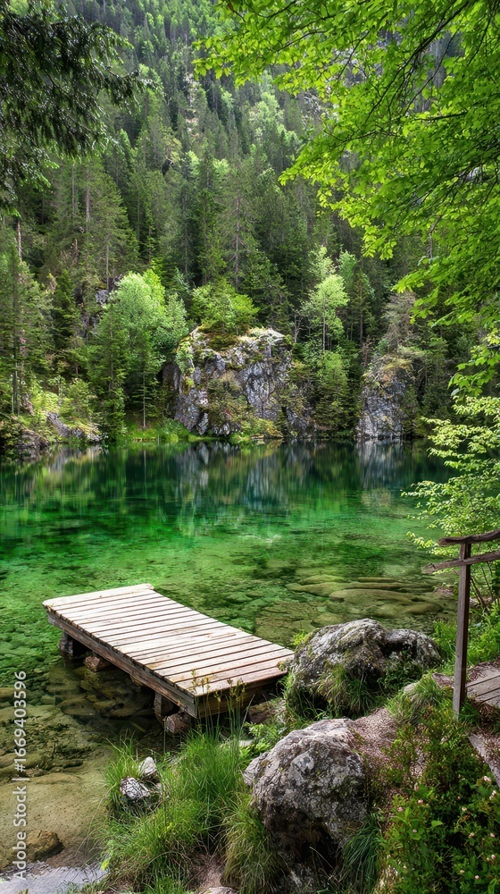Fototapeta premium Tranquil wooden pier on a shimmering emerald lake nestled in a lush forest.