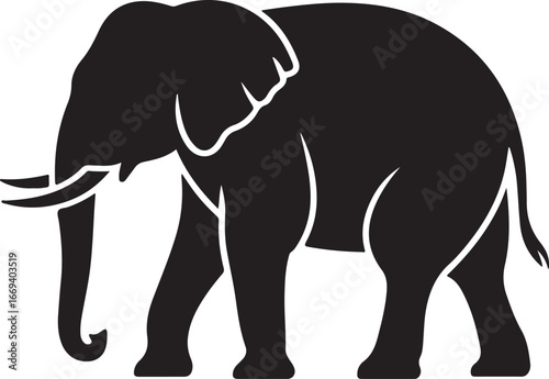 Silhouette of an elephant walking, showcasing its large ears and trunk in profile view.