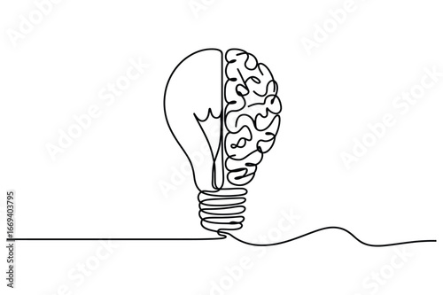 Conceptual illustration of a light bulb seamlessly merging with a detailed human brain symbolizing innovation and creative thinking