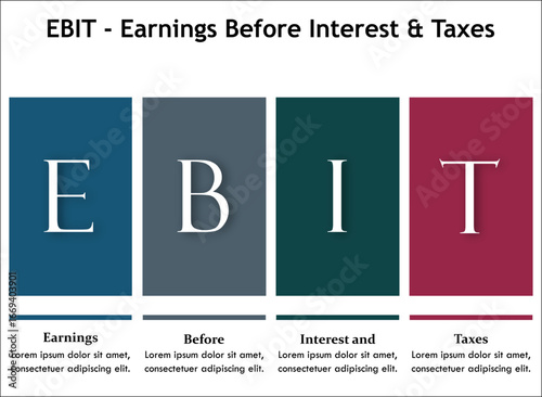 EBIT - Earnings before Interest and taxes. Infographic template with icons and description placeholder