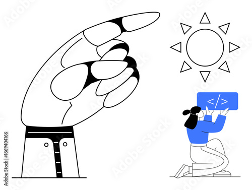 Giant hand in black and white pointing upward, coder kneeling with coding panel, sun emitting triangular rays. Ideal for technology, innovation, guidance, programming, creativity, design teamwork
