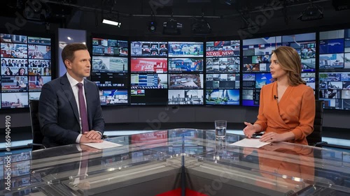 A male and female news anchor team in a television studio, with a wall of screens behind them showing various images and graphics