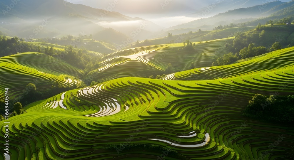 Fototapeta premium Realistic aerial photo of green terraced rice fields in the mountains, irrigation channels form natural geometric patterns, morning light adds to the calm and peaceful atmosphere.