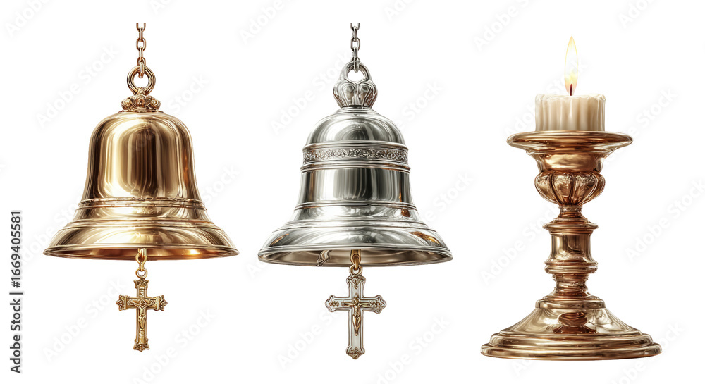 Obraz premium Decorative Bells and Candle Holder Set on Transparent Background