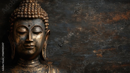 Mindfulness in Business a serene bronze Buddha head promoting mental wellness and focus in corporate workplace settings