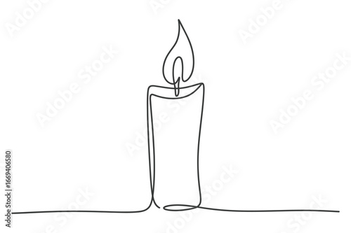Minimalist single line drawing of a lit candle with a flickering flame on a white background