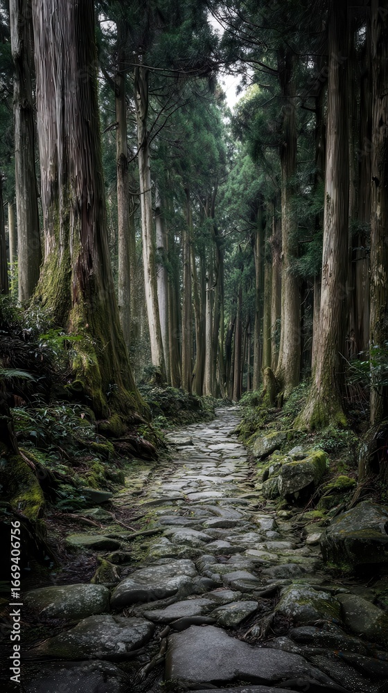 Fototapeta premium A stone path winds through a dense forest.