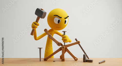 Angry yellow 3D character struggles with DIY construction, hammering nails into wooden pieces with frustration.