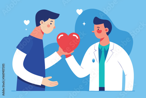 Doctor Giving a Heart to Patient Illustration on Blue Background