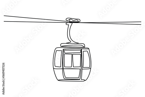Minimalist continuous line drawing of a single ski lift gondola suspended from a cable against a white background