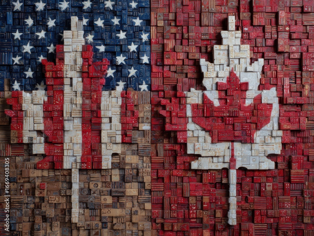 American and Canadian Flags as Maple Leaves Composed of Blocks American and Canadian Flags as Maple Leaves Composed of Blocks