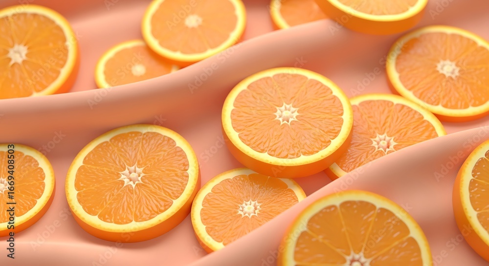 Fototapeta premium Vibrant sliced oranges scattered on soft peachy fabric for refreshing citrus theme