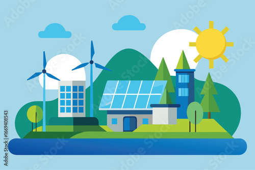 Sustainable Energy Landscape with Wind Turbines Solar Panels and Green Environment