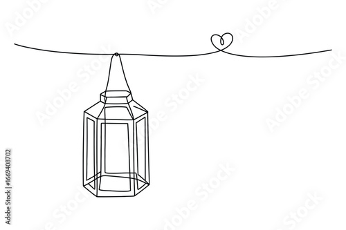 Hand drawn sketch of a glass perfume bottle with a heart shaped string hanging on a thin line