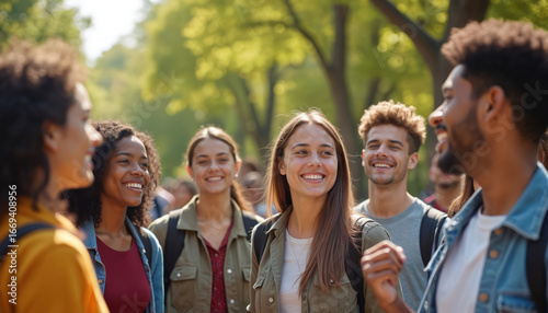 Diverse group of happy students on college campus tour led by knowledgeable guide. Multicultural youth excited for academic exploration, future learning. Friends walking together, experiencing