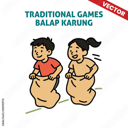 Traditional Games Balap Karung (Sack Race) with Children Running in Burlap Sacks