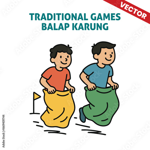 Fun Sack Race (Balap Karung): Children Racing in Burlap Sacks for Victory