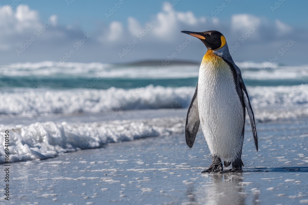 Fototapeta premium Big king penguin prepares to enter the blue waters of the Atlantic Ocean on a sunny day along the coastal shore