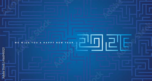Happy New Year 2026 cyberspace abstract high technology labyrinth modern and mystic maze 2026 typography blue background