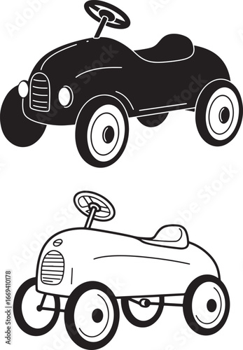 Vintage pedal car silhouette and outline illustration