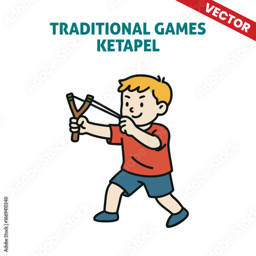 Traditional Games Ketapel: Child Aiming a Slingshot for Target Practice