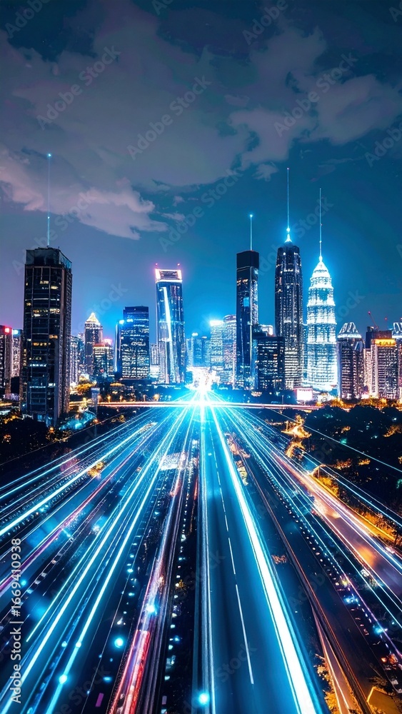 Fototapeta premium Night Cityscape with Light Trails on Highway Speed and Progress.