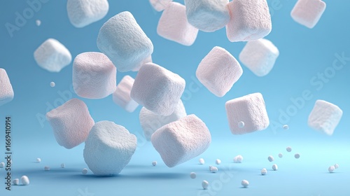 A picture of marshmallows floating in the air on a pastel blue studio background