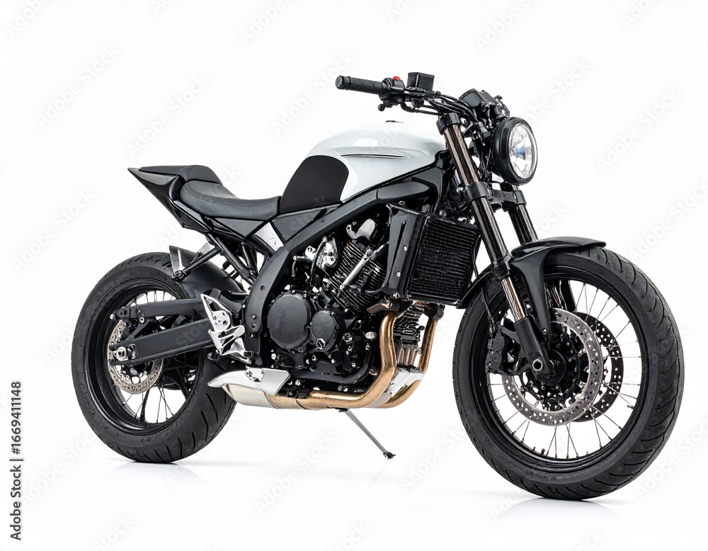 Obraz premium Custom Black and White Cafe Racer Motorcycle Isolated on White Background