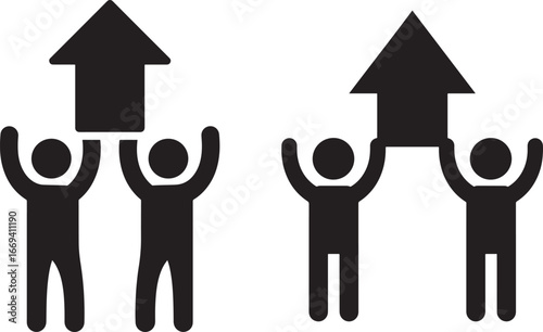 Two pairs of stick figures holding up arrows silhouette