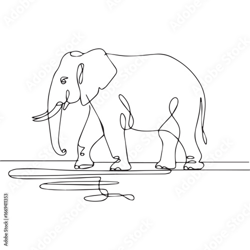 Continuous line of walking standing African elephants .Single one line art of wild African elephants , One continuous line illustration of an African elephants isolated on white background.