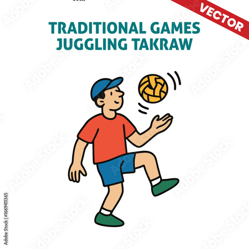 Vector Illustration of Young Boy Playing Takraw Juggling Game, Kicking Ball in Air, Focused on Skill