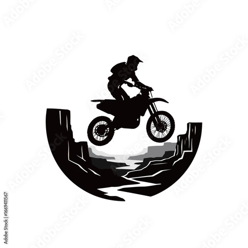 A skilled dirt bike rider leaps over a canyon in a thrilling display of motocross talent during sunset. The dramatic landscape enhances the adventure spirit of the moment.