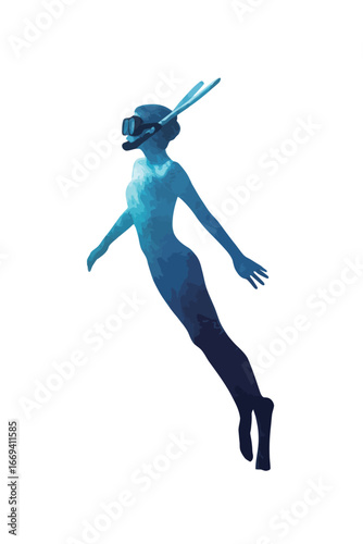 A figure gracefully glides through the water while wearing a snorkel and fins. The artwork captures the fluidity and serenity of underwater exploration with cool blue tones.